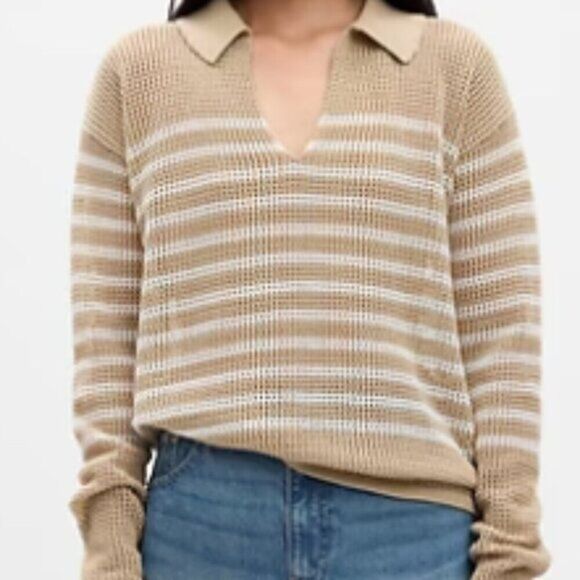 Gap Women's Sweater Stripe Crochet 100% Cotton Drop Shoulder 2XL Tan White - Picture 1 of 5